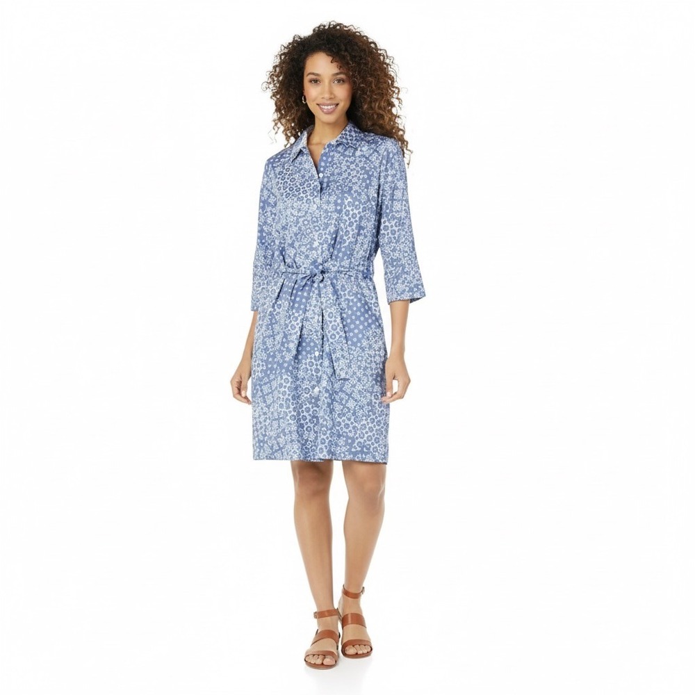 Foxcroft NYC Pax Printed Shirt Dress Women 10 Blue 3/4 Sleeve Knee Length Cotton
